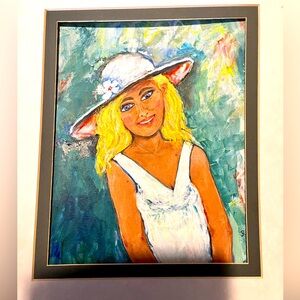 Original acrylic painting of girl in white hat 10x12